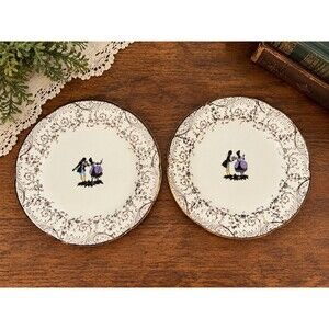 Vintage Royal China 6” Dessert Plates Set of 2 Colonial Couple 22K Gold Trim